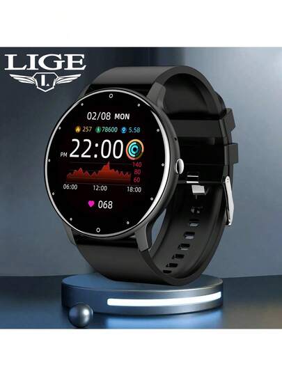 LIGE 男女通用智能手表，具备计步器、卡路里消耗、来电提醒、防水健身追踪、心率监测、血压监测、睡眠监测、闹钟、消息提醒、天气预报、拍照、久坐提醒等功能，兼容安卓和iOS系统。