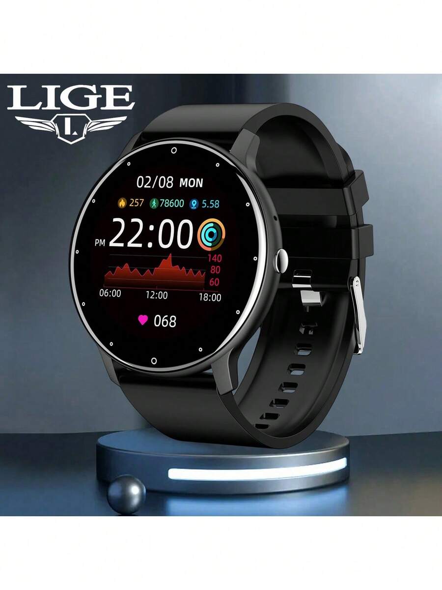 LIGE 男女通用智能手表，具备计步器、卡路里消耗、来电提醒、防水健身追踪、心率监测、血压监测、睡眠监测、闹钟、消息提醒、天气预报、拍照、久坐提醒等功能，兼容安卓和iOS系统。