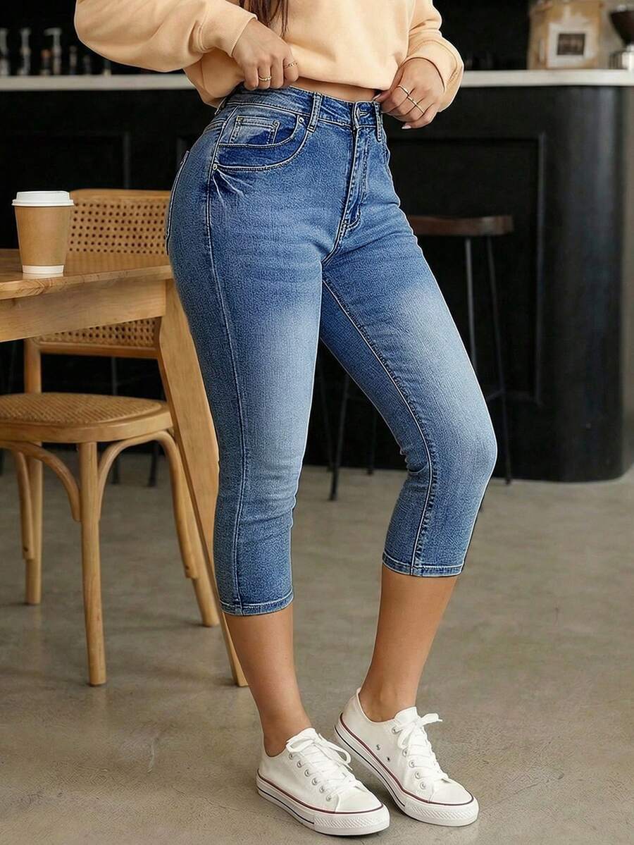 Pantalones Vaqueros de Cintura Media, Elásticos y Ajustados para Mujer, Estilo Clean Fit - Azul lavado medio - Ver 1