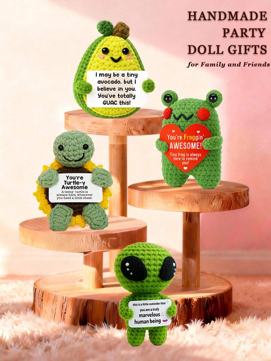 4pcs/Set Handmade Crochet Desktop Decor Ornaments, Funny 2-Legged Frog, Alien, Avocado, Sunflower, Turtle Plush Dolls, Cute Shapes, Great Gifts For Best Friends, Birthday, Sisters, Moms, Grandmas, Coworkers, Family, Keychains, Christmas, Valentine's Day, Thanksgiving, Home Decor, Small Gifts, Souvenirs - Multicolor - View 1