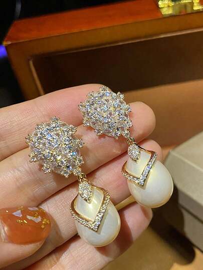 1 Pair Gorgeous Cubic Zirconia & Faux Pearl Drop Earrings For Women For Party Engagement Anniversary Jewelry Valentine's Day Gift