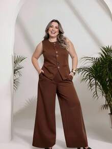 Plus Size Fashion Women's Tailored Set Vest + Pants Casual Fashion/With Special Buttons/Formal Work Blazer With Solid And Elegant Front Button Women's Tank Top/Elegant And Stylish Two-Piece Women's Suit With Front Buttons/Elegant/Sophisticated With Faux Pockets/With Buttons/Blogger/Fashion/National Shipping 2025 - 咖啡棕 - 查看 1