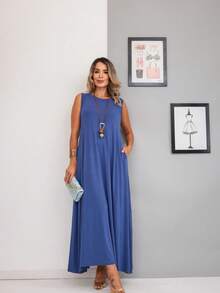 Long Dress In Viscose/Lycra Blend With Side Pockets. - 霧霾藍 - 查看 2