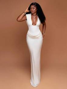 Bright Temperament Elegant Party Party Street Women's Clothing Solid Color Temperament V-Neck Pleated Sleeveless Sexy Hip Dress - trắng - Xem 2