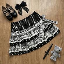 Gothic Japanese Hot Girl Slim Polka Dot Note Skirt Women Design Y2k Lace Bow A-Line Cake Piano Skirts Vintage Embroidery Skirt - 黑色 - 查看 6