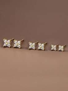 3pcs Set Minimalist Cubic Zirconia Inlaid Four-Leaf Clover Stud Earrings, Daily Wear Jewelry Gift For Women - Gold - View 2