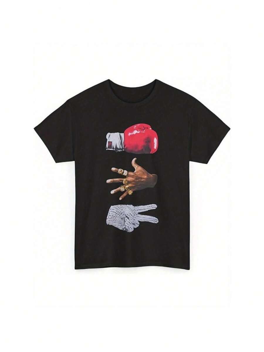 Men's Black Patterned T-Shirt, Made Of Soft And Comfortable Cotton, Unique Print Of Boxing Gloves And A Microphone, Short Sleeves, Crew Neck, Casual Style - Black - View 1