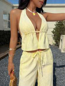 女士休闲性感条纹吊带上衣和阔腿裤两件套 - 黃色 - 查看 2
