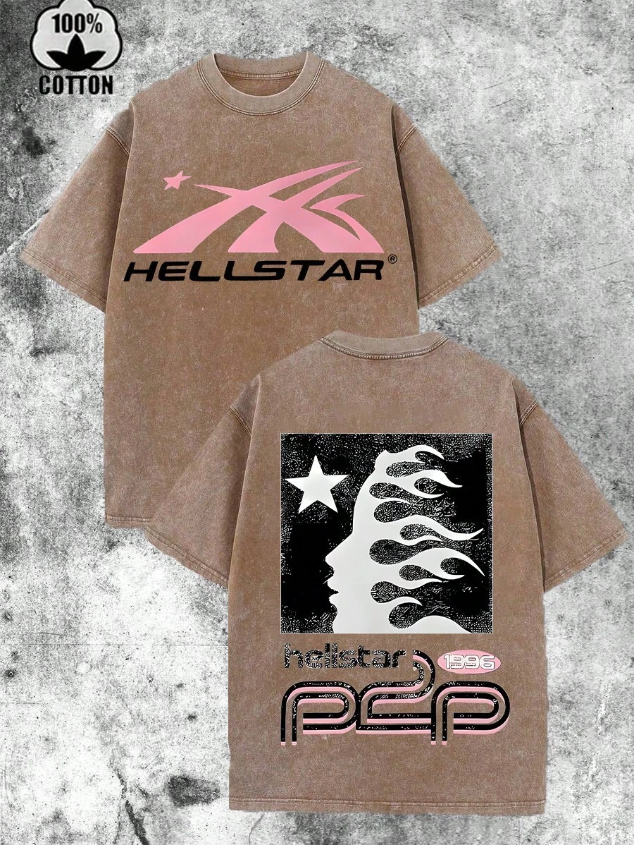 Hell Star Paradise Skull Flame Distressed Oversized Graphic Tee Men's Short Sleeve Pure Cotton T-Shirt Loose Fit, Y2K Streetwear Vintage Casual Punk Gothic Aesthetic Baggy 100% Cotton Pullover Gift - 棕色 - 查看 1