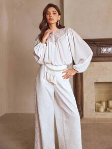 Simplee Women's Autumn New French Elegant Chiffon & Contrast Lace Top And Lace Wide Leg Pants 2 Pieces Set, Elastic Waist White - White - View 2