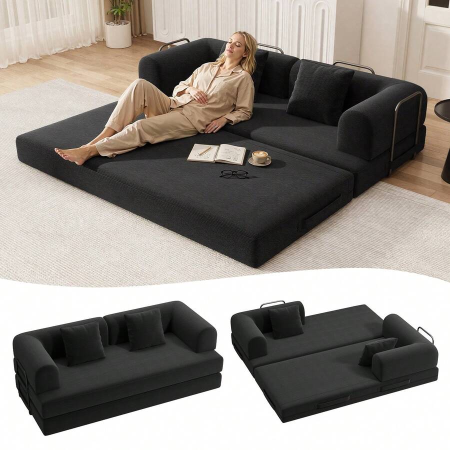 Asofer 5-In-1 Convertible Sofa Bed, Boneless Couch With Removable Armrests,Folding Futon Sofa Bed Includes 2 Pillows,Comfy Pull Out Couch For Living Room,Expandable | Multifunctional,No Assembly Required - 黑色 - 查看 1