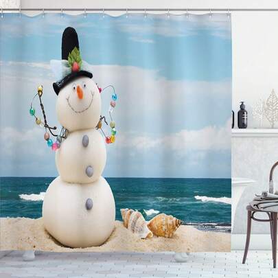 1pc Minimalist Snowman Butterfly Shower Curtain, Sea View Snowman Printed Shower Curtain, Various Room Decoration Partition Shower Curtain, Bathroom Accessories Shower Curtain, Bathtub Curtain