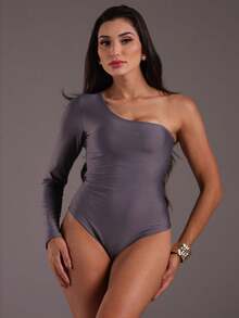 J.A.B.I Modas Women's Long Sleeve One Shoulder Bodysuit - 灰色 - 查看 5