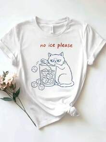 Camiseta Casual de Manga Corta para Mujer, 100% Algodón Puro, con Estampado Gráfico de Dibujos Animados de Gato y la Frase "No Ice Please", Cuello Redondo, Tops Básicos de Verano para Uso Di - Blanco - Ver 2