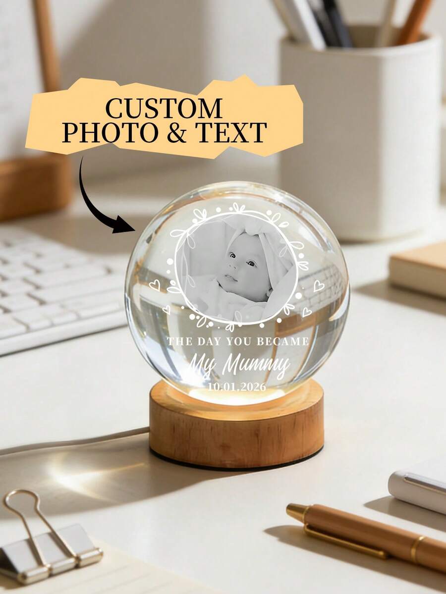 1 Peça Lâmpada de Bola de Cristal Personalizada, Foto Personalizada de Tornar-se Mãe e Dia dos Pais Bola de Cristal, Base de Madeira Entalhada com Texto Luz Noturna de LED, Presente Emocional Comemorativo, Presente do Dia das Mães e Dia dos Pais, Presente para Mãe e Pai, Presente para Novos Pais, Ornamento Comemorativo Familiar, Luz de Atmosfera para Quarto e Sala de Estar - Multicolorido - Visão 1