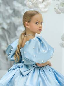 Đầm dự tiệc màu xanh dương cho bé gái, tay áo đính ngọc trai và nơ, kiểu công chúa thanh lịch, phù hợp cho tiệc sinh nhật, tiệc chiêu đãi, dạ hội, làm phù dâu, đám cưới, lễ hội. - Màu xanh nhạt - Xem 1