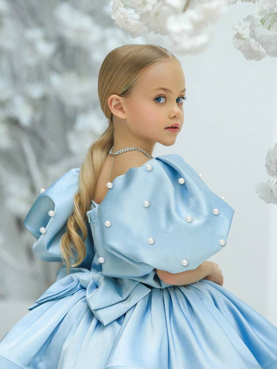 少女蓝色珍珠花瓣袖蝴蝶结派对礼服，优雅公主裙，适合女孩生日派对、宴会、舞会、花童、婚礼、节日庆典等场合。 - 淺藍色 - 查看 1