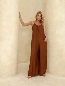 Women's Loose-Fitting Jumpsuit, Wide-Leg  Style, Jogger Style With Thin Straps And A Bow Tie - Comfortable And Elegant - 鏽棕色 - 查看 9