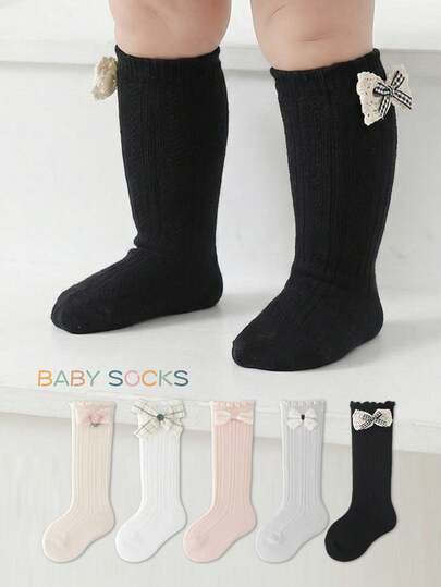5 Pairs Girls' Spring/Summer Knee High Socks With Bow, Princess Mid-Calf Socks For Toddlers