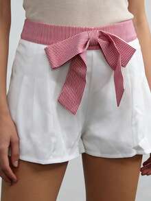 Women Loose Fit Shorts Fashionable Bow Decorated High Waist Zipper Closure Mini Shorts For Beach Daily Wear - White - View 2