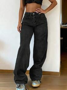 女士复古宽松直筒牛仔裤，黑色，休闲百搭，春季款 - 黑色 - 查看 4