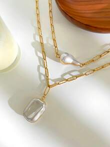 1pc Fashionable Versatile Asymmetrical Baroque Style Pendant Stainless Steel Necklace For Women - Necklace - View 8