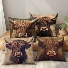 1pc Highland Cow Artistic Throw Pillow Cover - Modern Farmhouse Floral And Brown Design, Made Of Soft Polyester Fabric With Zipper Closure, Machine Washable Decorative Cushion Cover For Sofa, Living Room, Bedroom, Cow Themed Decor - Multicolor - View 1