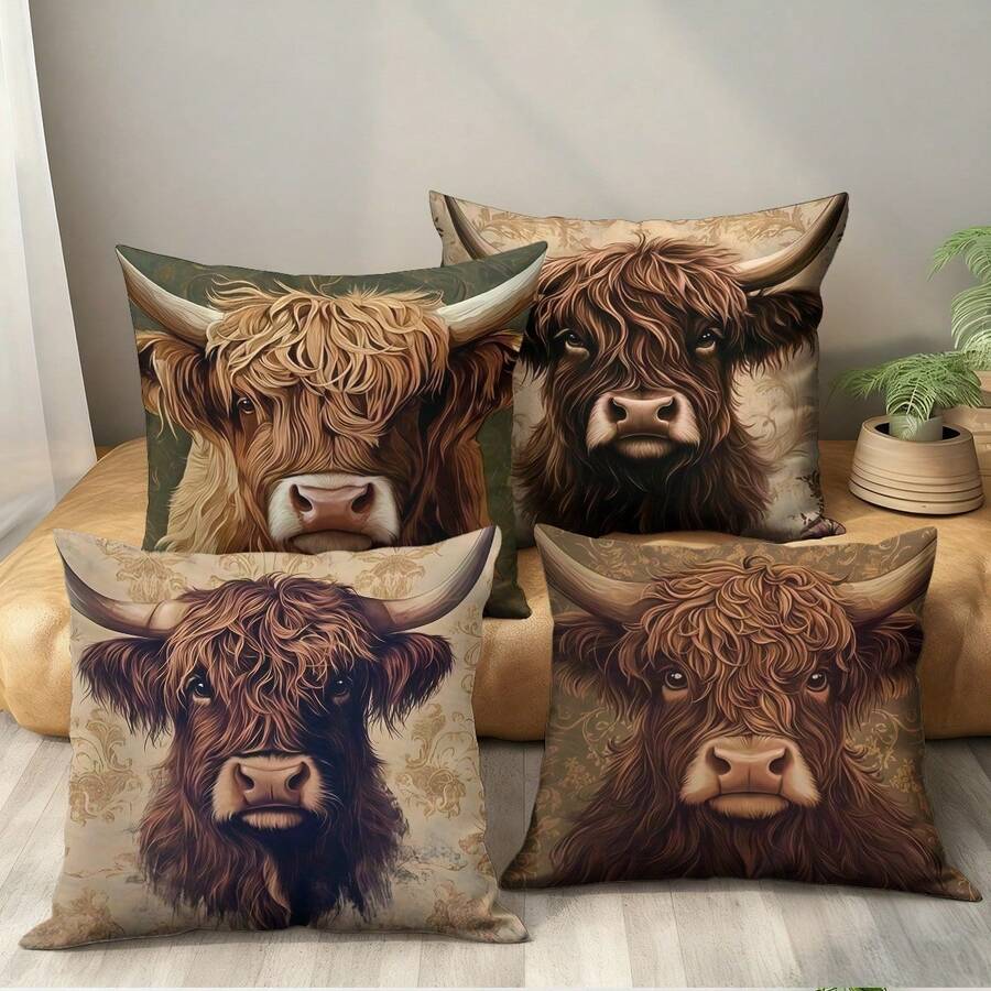 1pc Highland Cow Artistic Throw Pillow Cover - Modern Farmhouse Floral And Brown Design, Made Of Soft Polyester Fabric With Zipper Closure, Machine Washable Decorative Cushion Cover For Sofa, Living Room, Bedroom, Cow Themed Decor - Multicolor - View 1