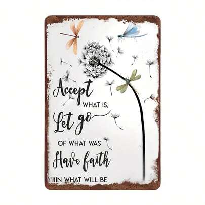 1pc 19.99x30cm Vintage Dandelion & Dragonfly Iron Wall Decor With Inspirational Quote, Suitable For Kitchen Or Garage, Rustic Home Decor