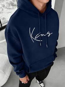 男士休闲时尚简约字母印花袋鼠口袋抽绳连帽衫，保暖内衬，秋冬款 - 藏蓝色 - 查看 1