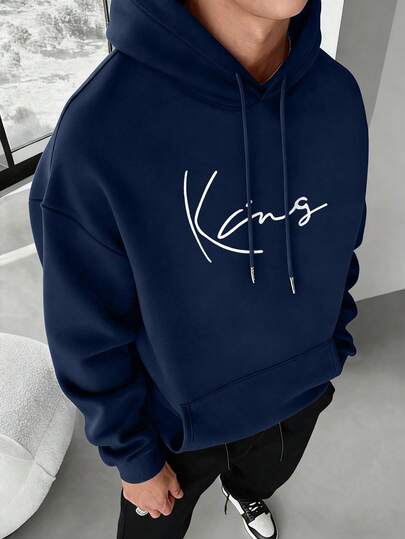 بلوزة هودي رجالي كاجوال عصرية بطباعة حرفية وجيب كنغر وسحاب، بطانة حرارية، للخريف/الشتاء