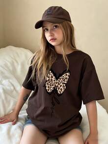 Girls' Leopard Print & Butterfly Pattern Short Sleeve T-Shirt, Casual & Fashionable Style, Soft & Machine Washable - Brown - View 1
