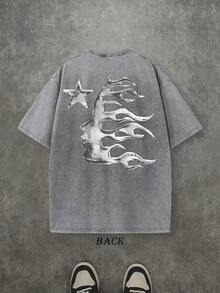 Men's Oversized Washed Graphic T-Shirt Hell Flame Star Silver Print Vintage Streetwear Tee - Xám - Xem 2