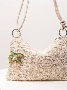 Túi đeo vai họa tiết hoa nhí, Túi xách nữ, Phong cách Bohemian, Túi đi biển mùa hè, Vật dụng cần thiết khi đi du lịch, Vật dụng cần thiết khi đi du thuyền, Trang phục nghỉ mát cho nữ, Bộ móc len, Ví nữ thanh lịch, Quà tặng cho nữ (Họa tiết ngẫu nhiên) - Màu be - Xem 4