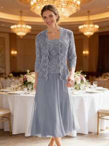 Elegant Two Piece Evening Outfit Featuring a Round Neck Sequin Lace Top Paired with a Matching Short Lace Jacket, Designed with Soft Wave-Edge Lace Trim for a Refined and Layered Look, Completed with a Flowing Chiffon Midi A-Line Skirt that Moves Gracefully with Every Step, Lightweight Sequin Lace and Airy Chiffon Fabrics Offering Breathable Comfort and Subtle Shimmer, Ideal as Mother of the Bride Dress Set, Wedding Reception Outfit, Formal Dinner or Special Social Occasion, Perfect for Women Seeking a Modest Yet Polished Style with Mature Elegance, Gentle Femininity and Timeless Sophistication - Rosa - Ver 2