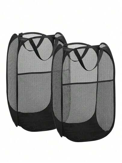 1pc Collapsible Pop-Up Laundry Basket (Black) – Hamper With Sturdy Handles & Side Pocket. Mesh Design Makes It Portable And Foldable, Ideal As A Dirty Clothes Hamper For Dorms, Laundry Rooms And Bathrooms-Practical For Organized Clothing Storage.