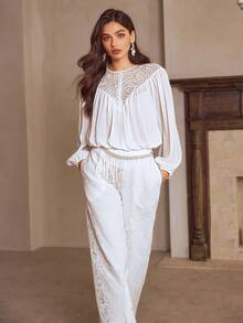 Simplee Women's Autumn New French Elegant Chiffon & Contrast Lace Top And Lace Wide Leg Pants 2 Pieces Set, Elastic Waist White - White - View 5