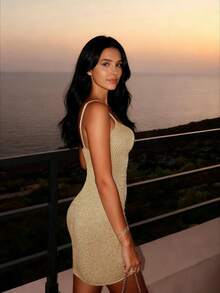 Mejors 女士休闲可爱闪亮无袖性感针织罩衫连衣裙迷你针织罩衫连衣裙沙滩假日派对夜生活夏季度假装 - 金色 - 查看 4