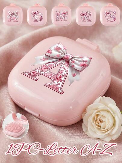 Pink Portable Square Comb Makeup Mirror, Printed With The Letter Pattern Of Pink Three-Dimensional Bow A-Z, Portable Folding Mirror Air Cushion Comb And Makeup Mirror - Portable, Desktop, Modern Travel Beauty Tool, Folding Air Cushion Comb With Makeup Mirror, Easy To Carry, Very Suitable For Travel Outside