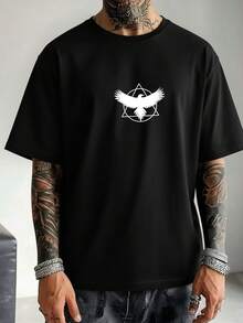 Men's Classic Fashion Bird Graphic Print Round Neck Short Sleeve T-Shirt, Suitable For Daily Wear And Themed Events - Black - View 2