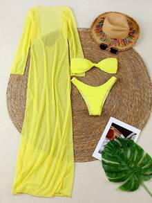 Women's Summer Beach Solid Color Bandeau Sexy Fashion Bikini Two-Piece Swimsuit Set With Cover-Up Dress - Yellow - View 3