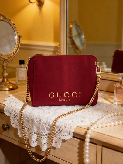 Gucci 女士缎面酒红色化妆包、洗漱包和大容量收纳包，适合旅行