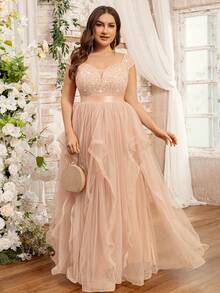 Plus Size Deep V-Neck Sequin Lace Contrast Mesh Ruffle Hem Elegant Evening Party Long Dress, Wedding Guest Dress, For Homecoming, Graduation - Champagne - View 5