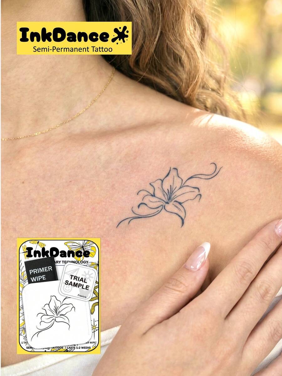 1 Kit "Minimalist Lily Line Art" Revolutionary Technology Tattoos, Semi-Permanent Tattoos, Temporary Tattoos, Men Hand Tattoo, Long Lasting, Fake Tattoos, Water-Resistant, Authentic Tattoo Look, Plant-Based MNF098 - Black - View 1