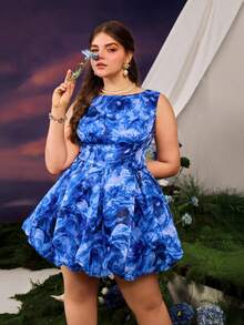 Faeriesty 优雅印花无袖派对连衣裙 - 藍色 - 查看 8