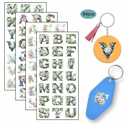 84张/套 春季花卉字母UV DTF转印贴纸，采用长牡丹花卉字母图案，适用于钥匙扣、杯子、瓶子、工艺品、DIY艺术 - 易于粘贴的DIY工艺品高粘度UV DTF转印纸，是送给女性、闺蜜的完美礼物（不含钥匙扣，仅贴纸）
