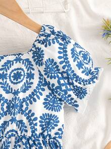 女童几何图案和热带植物印花方领花瓣袖鱼尾连衣裙 - 藍色 - 查看 6