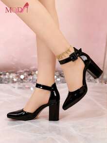 Zapatos de tacón alto negros para mujer con detalle de hebilla y punta, diseño de tacón alto.  Zapatos de tacón alto de mujer con punta afilada en corte en V, versátiles y sencillos, ideales para el trabajo, citas, fiestas, Halloween, Navidad, Año Nuevo y San Valentín, color negro Zapatos de tacón monocromáticos, simples y elegantes, hechos negro brillante, con tacón, adecuados para ocasiones profesionales y formales, apropiados para mujeres, modernos y adorables, cómodos y prácticos, ideales para oficina, reuniones o uso en el hogar. - Negro - Ver 9