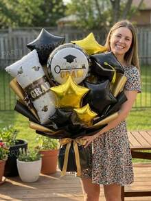 9pcs/Set 2026 Graduation Party Bouquet Decor Balloons, Including Diploma Shaped Foil Balloon, 18" Round Graduation Congrats Balloon, 18" & 10" Black/Gold Star Shaped Balloons, Suitable For Graduation Ceremony, 2026grad, Classof2026, Decorative Props - View 5