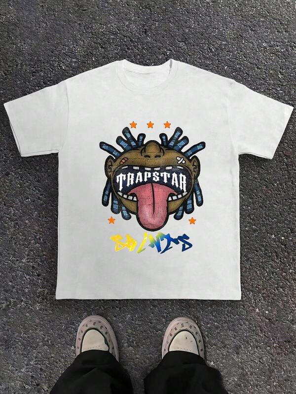 1pc TRAPSTAR SAINTS American Street Hip Hop Graphic Print Casual Crew Neck T-Shirt For Men's, Comfortable Fit Graphic Tees, Suitable For All Seasons, Daily Wear Clothes, School Wear, Street Wear Tops